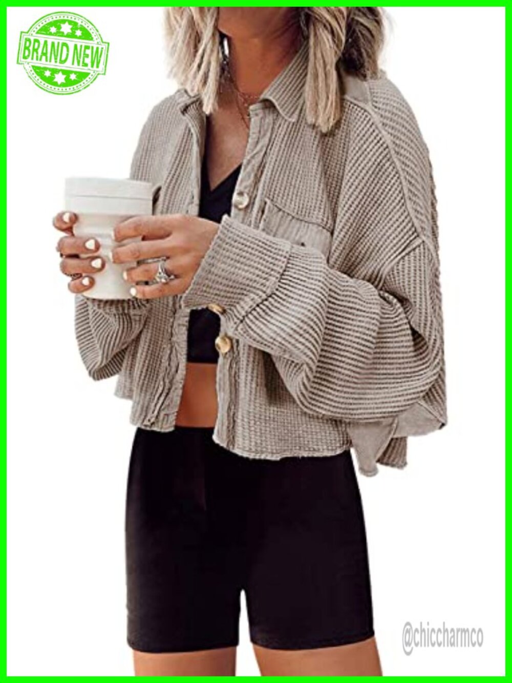 Waffle Knit Cropped Cardigan Shacket Button Down Batwing Sleeve